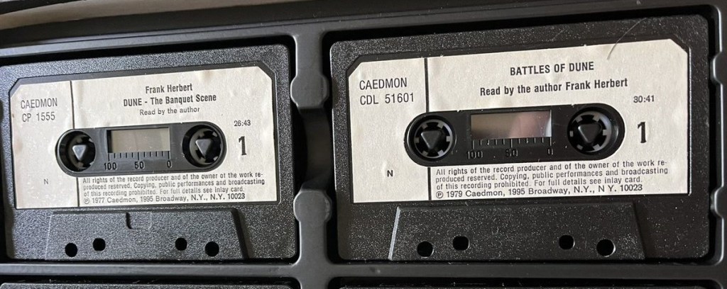 Photo of two audiobook cassette tapes of Dune from the 1970s. 