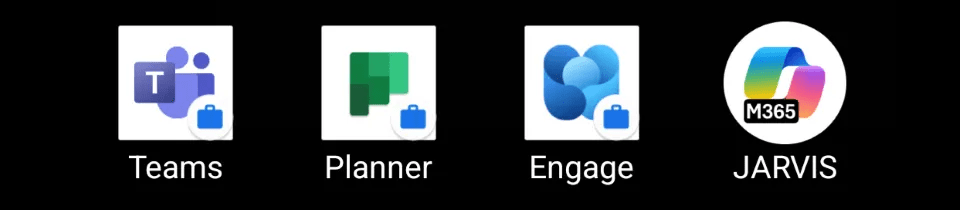 Screenshot of my Android home screen with the following four buttons: Teams, Planner, Engage, and JARVIS.