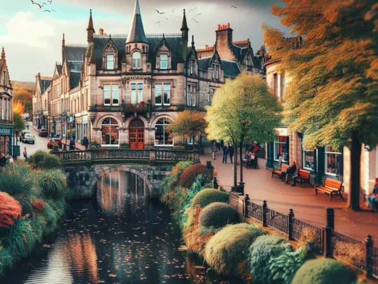 AI generated image of an old Europeann city with a dark river flowing down the middle of the painting towards a large three-story building with terrets. The river appears to disappear as it reaches the building. 